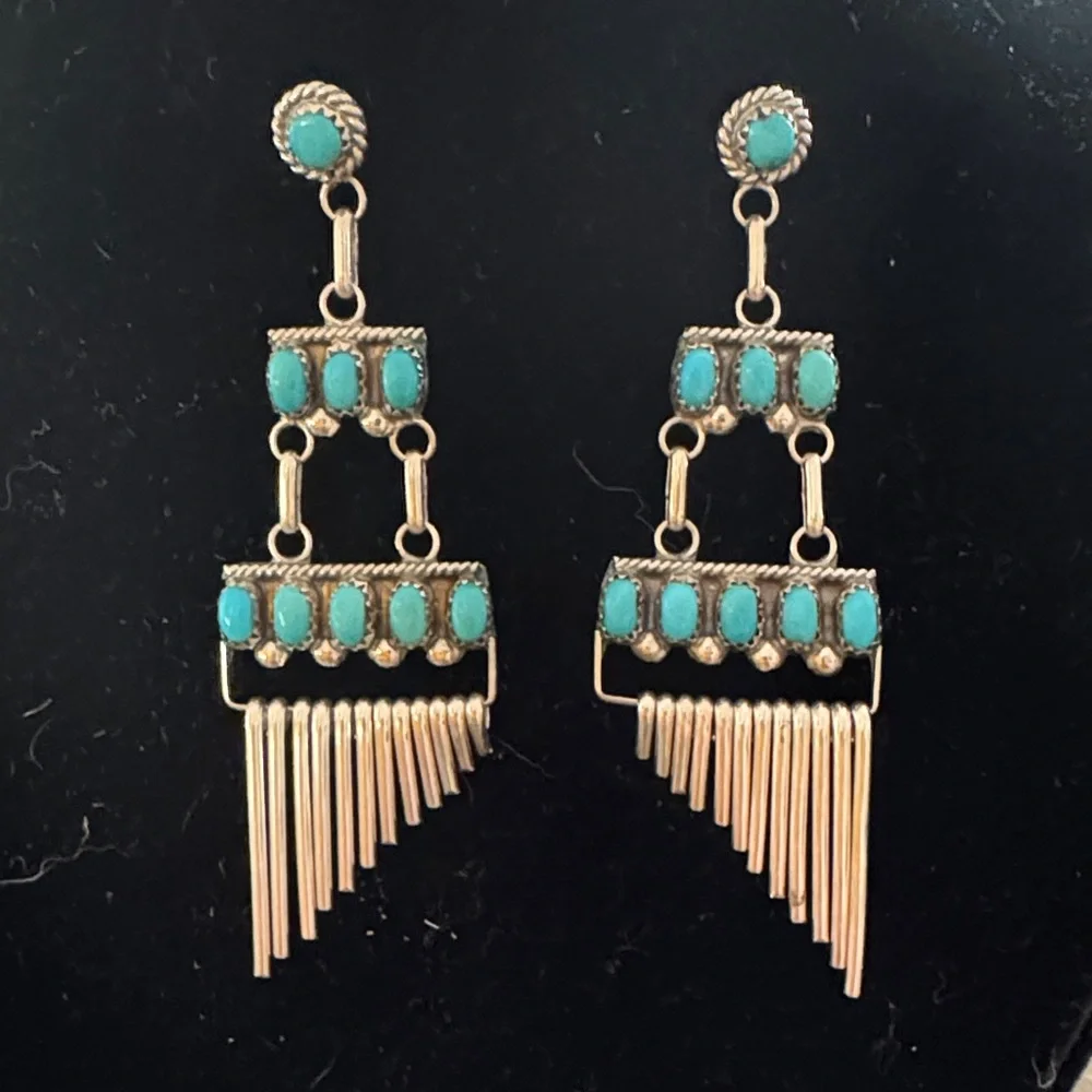 Zuni Turquoise  Boho Earrings Silver-signed Southwestern Native American - Picture 2 of 5